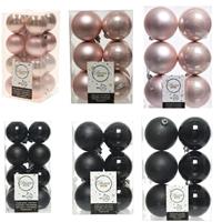 Decoris Kerstversiering kunststof kerstballen mix zwart/lichtroze 4-6-8 cm pakket van 68x stuks -