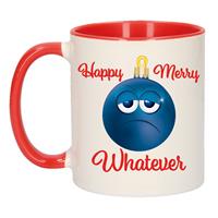 Bellatio Happy Merry whatever kerstcadeau kerstmok rood smiley kerstbal 300 ml -