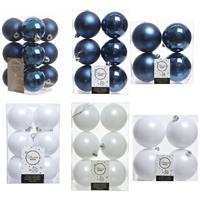 Decoris Kerstversiering kunststof kerstballen mix donkerblauw/winter wit 6-8-10 cm pakket van 44x stuks -