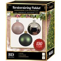 Bellatio Kerstbal en piek set 130x zilver-groen-roze voor 180 cm boom -