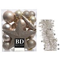 Decoris Kerstversiering kerstballen 5-6-8 cm met ster piek en sterren slingers pakket champagne 35x stuks -