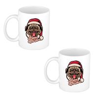 Bellatio 2x stuks Merry Christmas hond kerstmok / kerstbeker wit 300 ml -