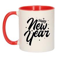 Bellatio Happy new year cadeau mok rood met sterren en sneeuwvlokken 300 ml -