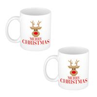 Bellatio 2x stuks Merry Christmas rendier kerstmok / kerstbeker wit 300 ml -