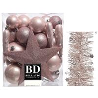 Decoris Kerstversiering kerstballen 5-6-8 cm met ster piek en sterren slingers pakket lichtroze 35x stuks -