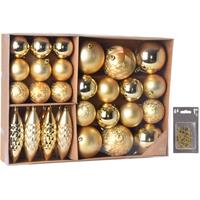 Bellatio Kerstballen/ornamenten pakket 31x gouden kunststof mix incl. 50x ophanghaakjes -