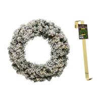 Decoris Groen/witte led kerstkrans 50 cm Imperial met kunstsneeuw en met gouden hanger -