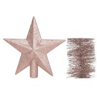 Decoris Kerstversiering kunststof glitter ster piek 19 cm en folieslingers pakket lichtroze van 3x stuks -