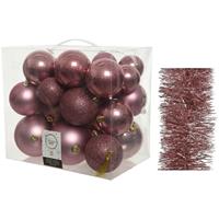 Decoris Kerstversiering kunststof kerstballen 6-8-10 cm met folieslingers pakket oud roze van 28x stuks -