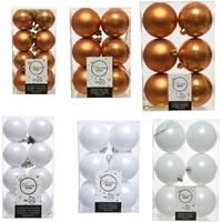 Decoris Kerstversiering kunststof kerstballen mix cognac bruin/winter wit 4-6-8 cm pakket van 68x stuks -