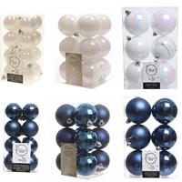 Decoris Kerstversiering kunststof kerstballen mix donkerblauw/parelmoer wit 4-6-8 cm pakket van 68x stuks -