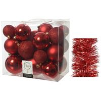 Decoris Kerstversiering kunststof kerstballen 6-8-10 cm met folieslingers pakket rood van 28x stuks -