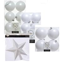 Decoris Kerstversiering kunststof kerstballen en piek winter wit 6-8-10 cm pakket van 45x stuks -