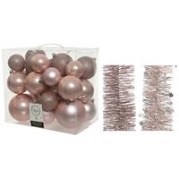 Decoris Kerstversiering kunststof kerstballen 6-8-10 cm met folieslingers pakket lichtroze van 28x stuks -