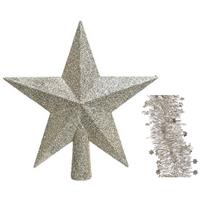 Decoris Kerstversiering kunststof glitter ster piek 19 cm en sterren slingers pakket champagne van 3x stuks -