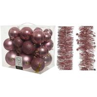 Decoris Kerstversiering kunststof kerstballen 6-8-10 cm met folieslingers pakket oud roze van 28x stuks -