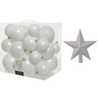 Decoris Kerstversiering kunststof kerstballen met piek winter wit 6-8-10 cm pakket van 27x stuks -