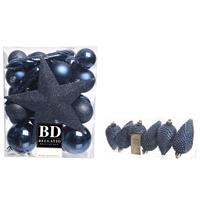 Decoris Kerstversiering kunststof kerstballen met piek donkerblauw 5-6-8 cm pakket van 39x stuks -