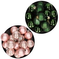 Decoris Kerstversiering kunststof kerstballen mix lichtroze/ donkergroen 4 en 6 cm pakket van 80x stuks -