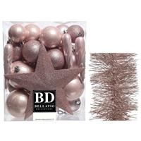 Decoris Kerstversiering kerstballen 5-6-8 cm met ster piek en folieslingers pakket lichtroze van 35x stuks -