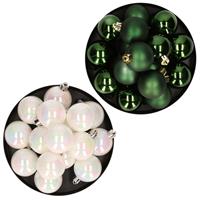 Decoris Kerstversiering kunststof kerstballen mix parelmoer wit/ donkergroen 4 en 6 cm pakket van 80x stuks -