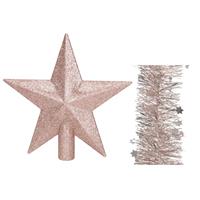 Decoris Kerstversiering kunststof glitter ster piek 19 cm en sterren slingers pakket lichtroze van 3x stuks -