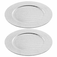 2x Ronde luxe kerstdiner/diner onderborden zilver lederlook 33 cm -