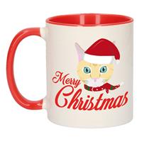 Bellatio Merry Christmas kerstcadeau kerstmok rood met ginger kat 300 ml -