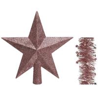 Decoris Kerstversiering kunststof glitter ster piek 19 cm en sterren slingers pakket oud roze van 3x stuks -