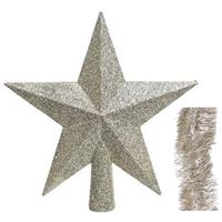 Decoris Kerstversiering kunststof glitter ster piek 19 cm en folieslingers pakket champagne van 3x stuks -