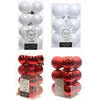 Decoris Kerstversiering kunststof kerstballen mix rood/ winter wit 4 en 6 cm pakket van 80x stuks -