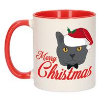 Bellatio Merry Christmas kerstcadeau kerstmok rood met grijze kat 300 ml -