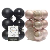 Decoris 48x stuks kunststof kerstballen zwart en lichtroze 6 cm -