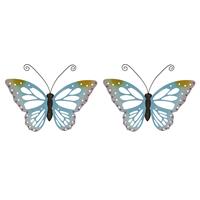 Decoris Set van 2x stuks grote lichtblauwe vlinders/muurvlinders 51 x 38 cm cm - Tuindecoratie vlinders - Tuinvlinders/muurvlinders