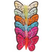 Rayher Hobby Materialen 6x stuks gekleurde decoratie vlinders 5 cm op prikkers/instekers - zomer/lente feest versieringen