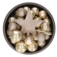 Bellatio Set van 33x stuks kunststof/plastic kerstballen met ster piek parel/champagne mix - Onbreekbaar - Kerstversiering