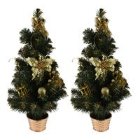 Bellatio 2x stuks kunstbomen/kunst kerstbomen met kerstversiering 60 cm - Kunst kerstboompjes/kunstboompjes - Kerstversiering
