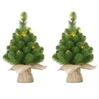 Mica Decorations 2x Mini kunst kerstboom met 15 LED lampjes 60 cm - Mini kerstboompjes