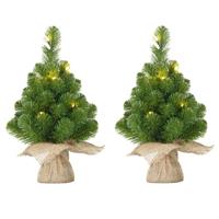 Mica Decorations 2x Mini kunst kerstboom met 15 LED lampjes 60 cm - Mini kerstboompjes