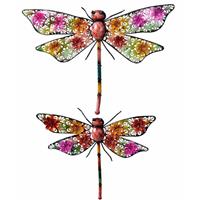 Decoris Set van 2 grote metalen libelles gekleurd 29 x 47 cm / 27 x 33 cm tuin decoratie - Tuindecoratie libelles - Dierenbeelden hangdecoraties