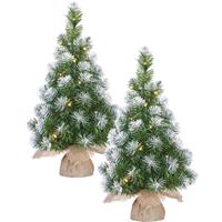 Mica Decorations 2x stuks kunst kerstboom/kunstboom in jute zak met verlichting en sneeuw 60 cm - Miniboompjes/kerstboompjes