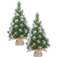 Mica Decorations 2x stuks kunst kerstboom/kunstboom in jute zak met verlichting en sneeuw 60 cm - Miniboompjes/kerstboompjes