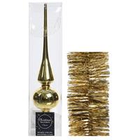 Decoris Kerstversiering glazen piek glans 26 cm en folieslingers pakket goud van 2x stuks -