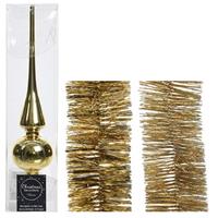 Decoris Kerstversiering glazen piek glans 26 cm en folieslingers pakket goud van 3x stuks -