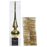 Decoris Kerstversiering glazen piek glans 26 cm en glitter folieslingers pakket goud van 3x stuks -