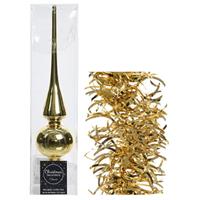 Decoris Kerstversiering glazen piek glans 26 cm en golf folieslingers pakket goud van 3x stuks -