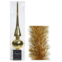 Decoris Kerstversiering glazen piek glans 26 cm en folieslingers pakket goud van 3x stuks -