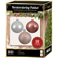 Bellatio Kerstbal en piek set 91x wit-oud roze-lichtroze voor 150 cm boom -