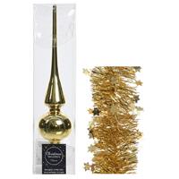 Decoris Kerstversiering glazen piek glans 26 cm en sterren folieslingers pakket goud van 3x stuks -