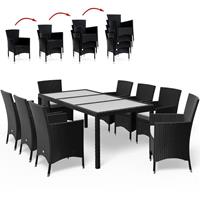 casaria Polyrattan Gartenmöbel Set 9 teilig Stühle stapelbar inkl. 7cm Auflagen 190x90cm Gartentisch Terrasse Balkon Möbel Sitzgruppe Essgruppe Schwarz